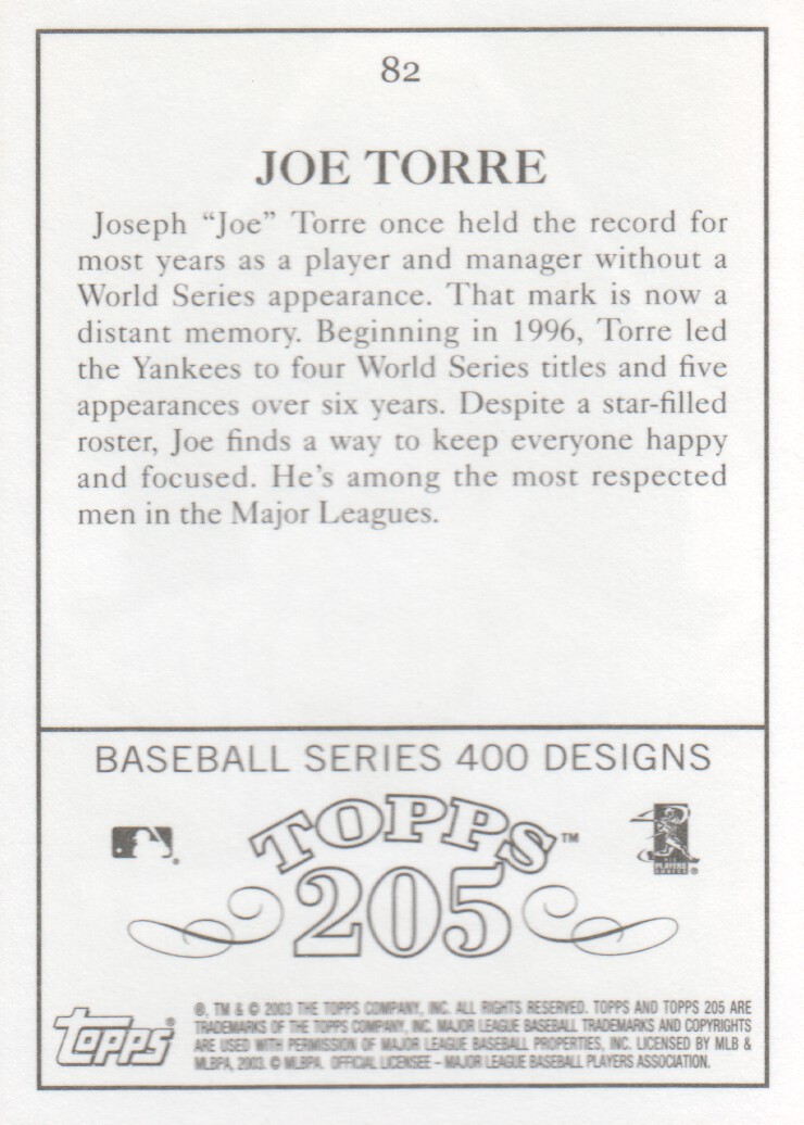 2003 Topps 205 #82 Joe Torre MG back image