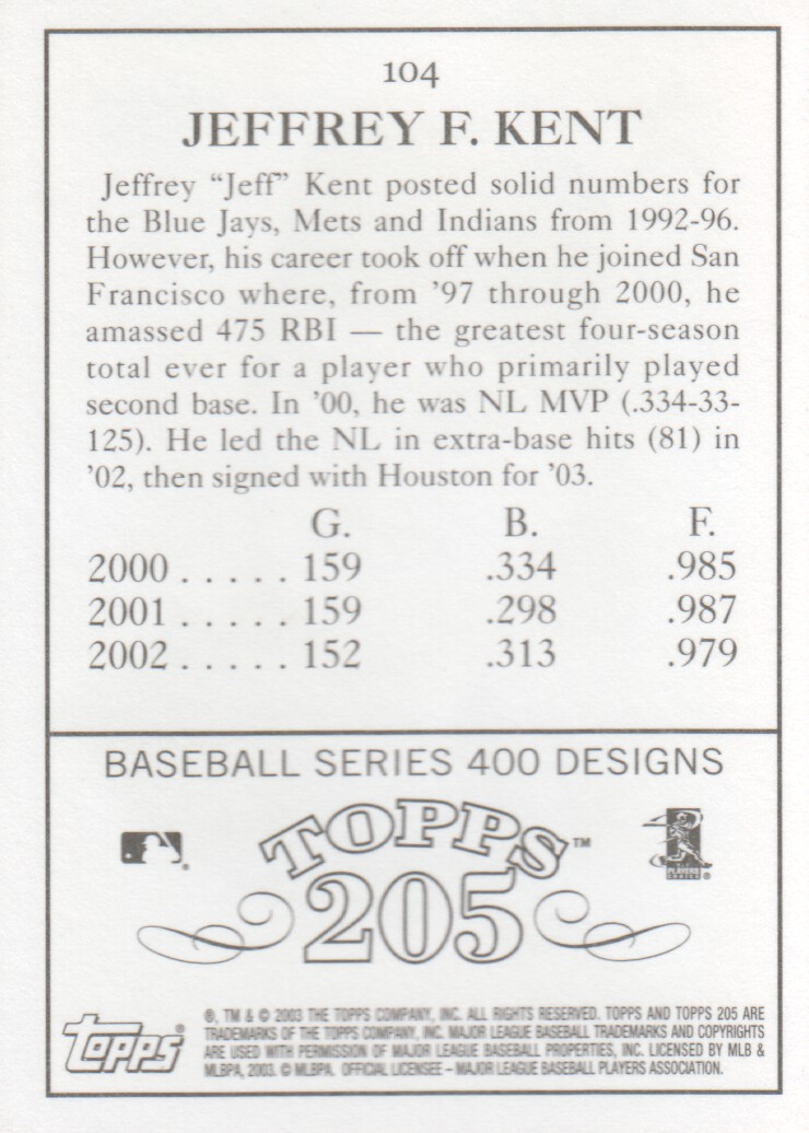 2003 Topps 205 #104 Jeff Kent back image