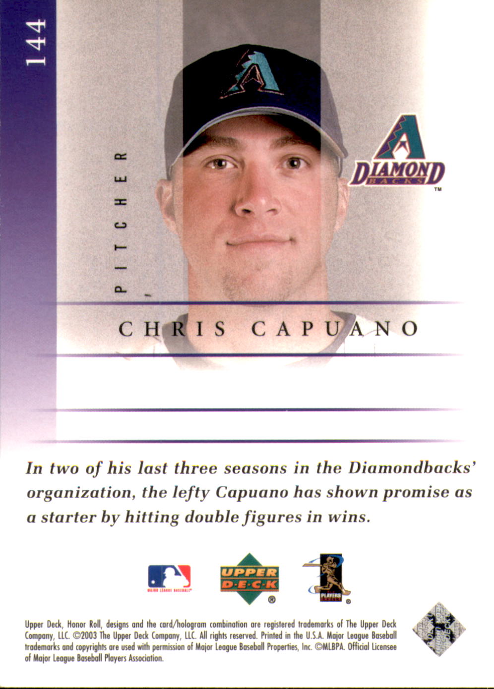 2003 Upper Deck Honor Roll #144 Chris Capuano FC RC back image