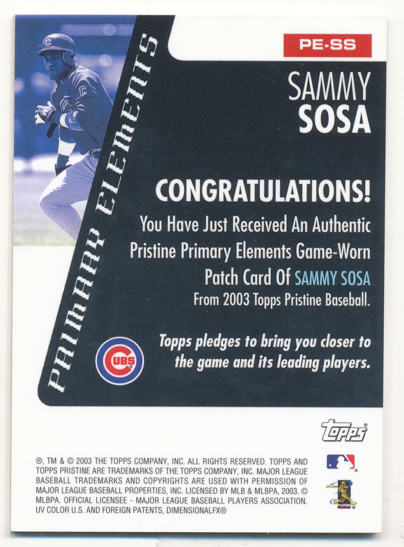 2003 Topps Pristine Primary Elements Patch Relics Refractors #SS Sammy Sosa back image