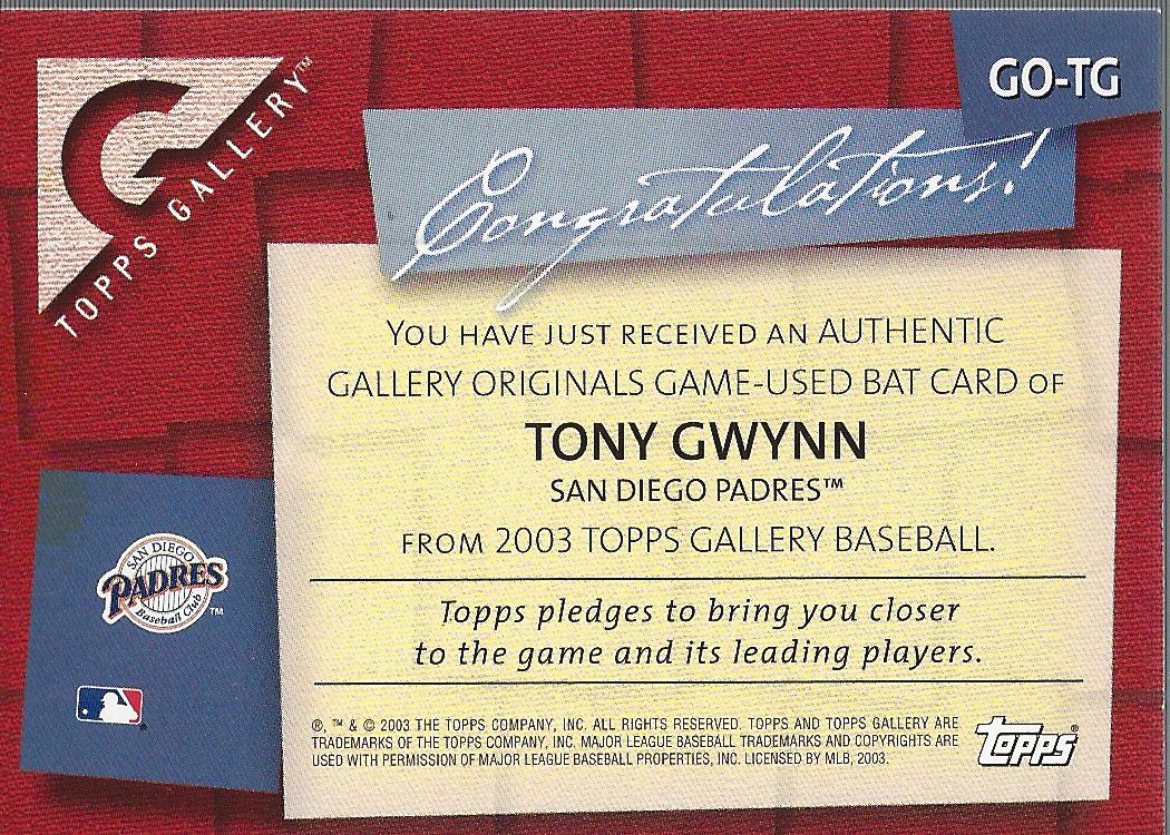 2003 Topps Gallery Originals Bat Relics #TG Tony Gwynn C back image