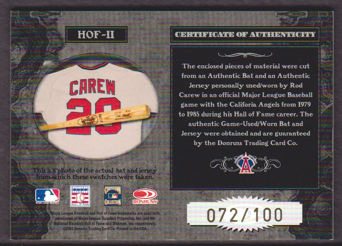 2003 Timeless Treasures HOF Combos #11 Rod Carew Bat-Jsy/100 back image