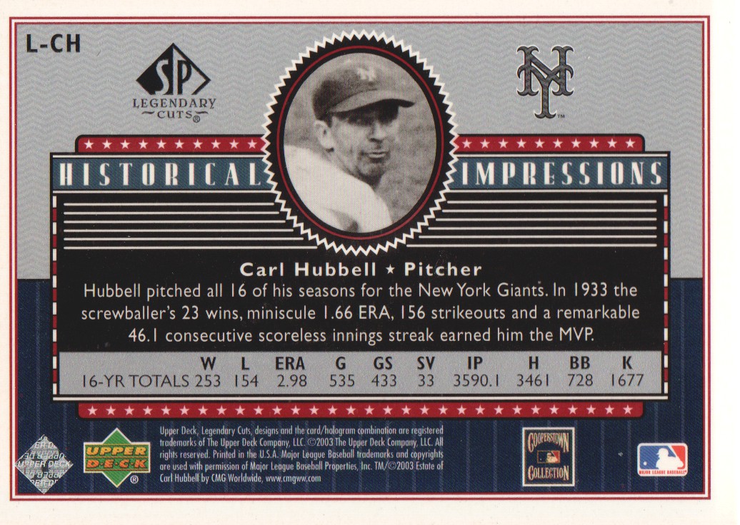 2003 SP Legendary Cuts Historical Impressions #CH Carl Hubbell back image