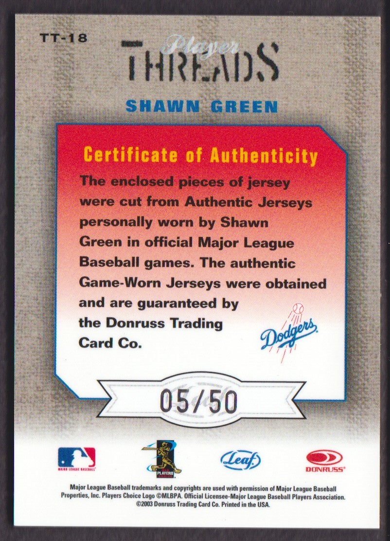 2003 Leaf Limited Player Threads #18 Shawn Green/50 back image