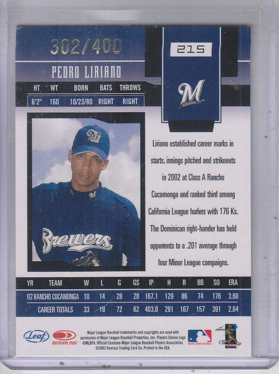2003 Leaf Certified Materials #215 Pedro Liriano NG AU back image