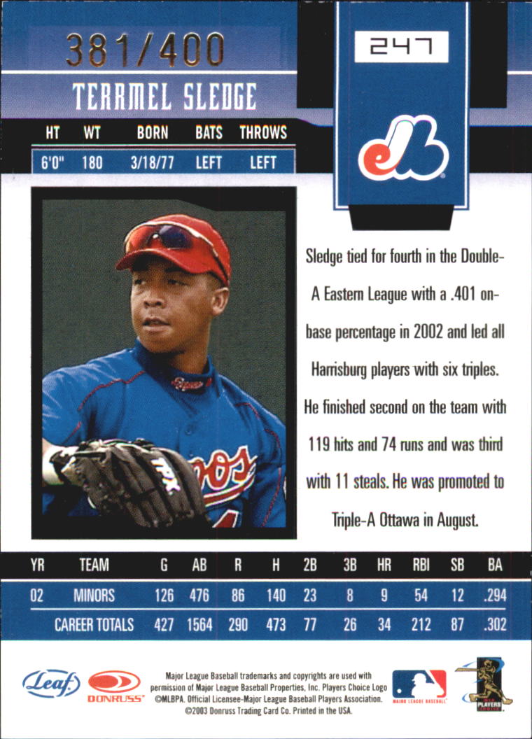 2003 Leaf Certified Materials 247 Terrmel Sledge NG AU RC NMMT