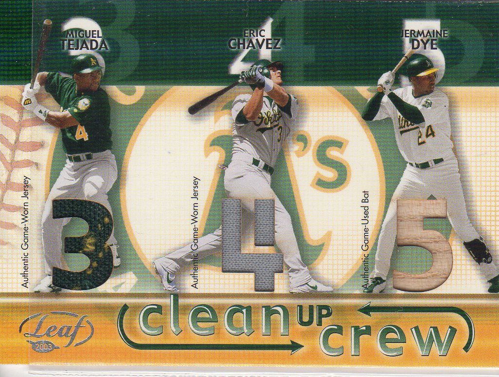 2003 Leaf Clean Up Crew Materials #9 Miguel Tejada Jsy/Eric Chavez Jsy/Jermaine Dye Bat