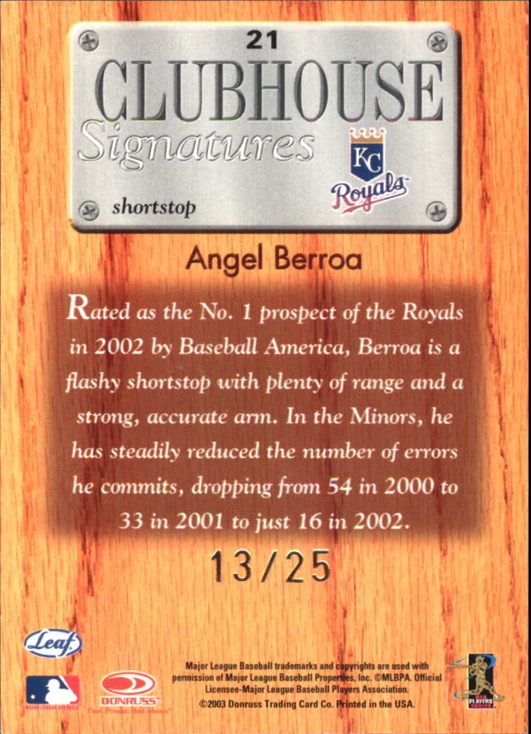 2003 Leaf Clubhouse Signatures Gold #21 Angel Berroa back image
