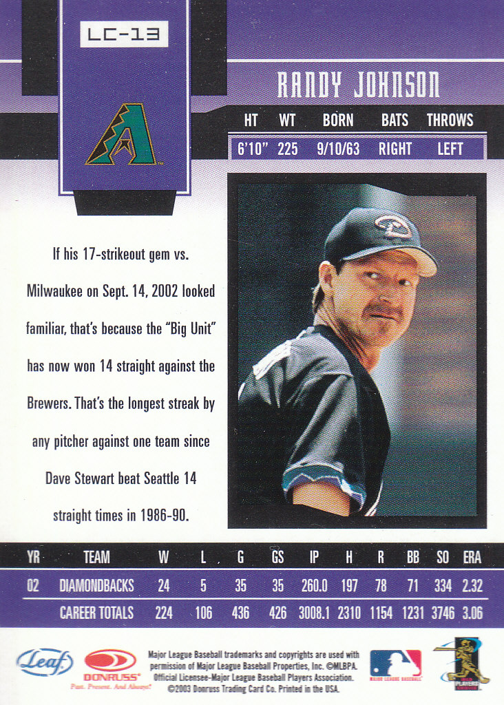 2003 Leaf Certified Samples #LC13 Randy Johnson back image