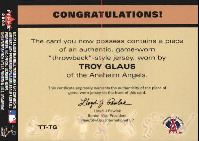 2003 Fleer Tradition Update Throwback Threads #TG Troy Glaus back image