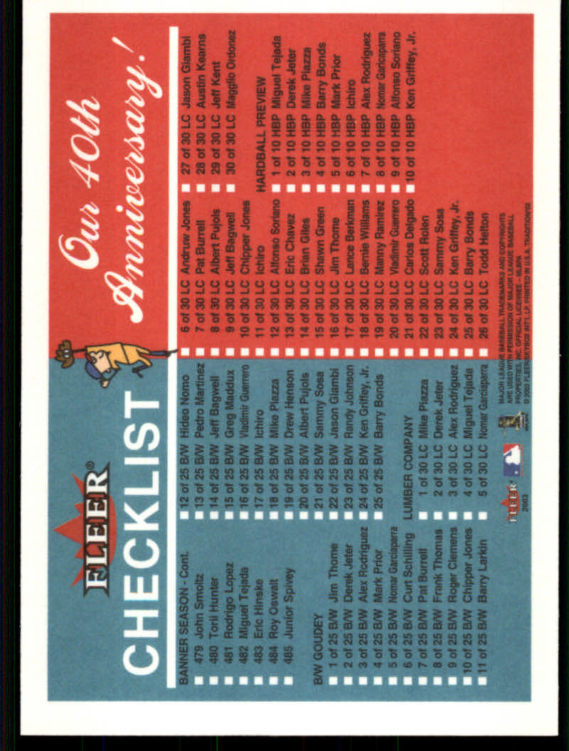 2003 Fleer Tradition Baseball "Derek Jeter/Barry Bonds Checklists" Cards - Picture 17 of 35