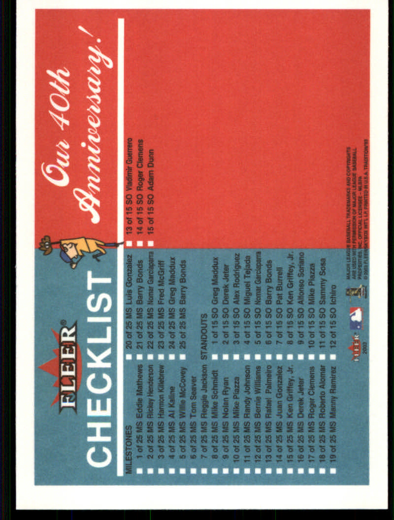 2003 Fleer Tradition Baseball "Derek Jeter/Barry Bonds Checklists" Cards - Picture 19 of 35