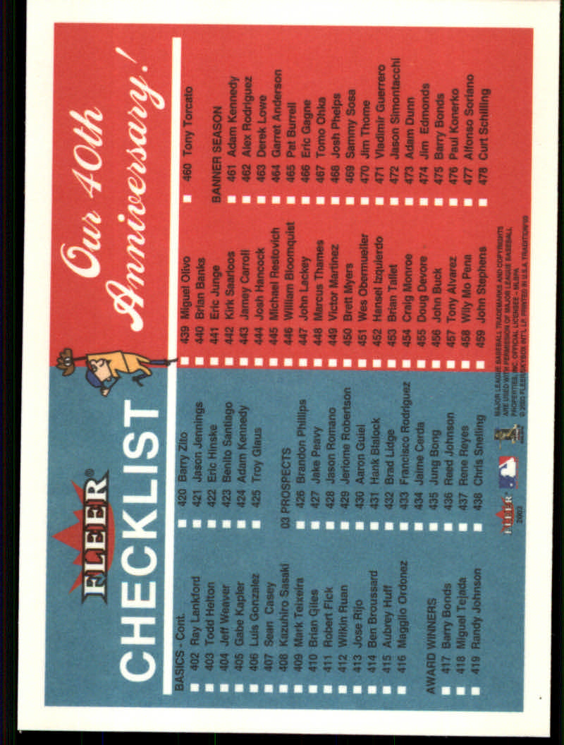 2003 Fleer Tradition Baseball "Derek Jeter/Barry Bonds Checklists" Cards - Picture 31 of 35