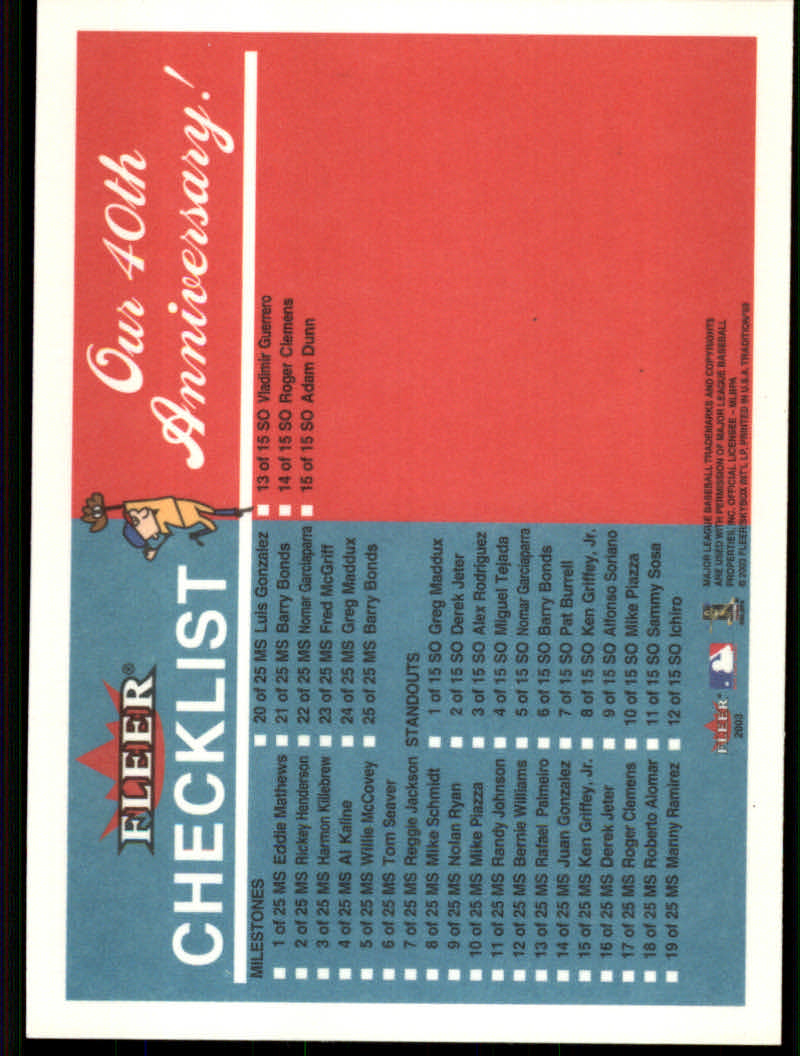 2003 Fleer Tradition Baseball "Derek Jeter/Barry Bonds Checklists" Cards - Picture 35 of 35