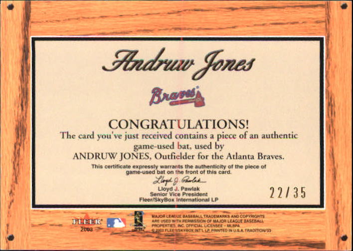 2003 Fleer Tradition Lumber Company Game Used Gold #AJ Andruw Jones/35 back image