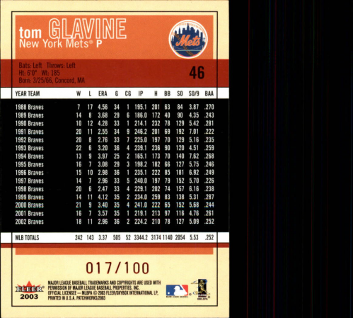2003 Fleer Patchworks Star Ruby #46 Tom Glavine back image