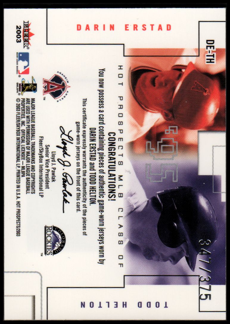 2003 Hot Prospects Class Of Game Used #DETH Darin Erstad Jsy/Todd Helton Jsy back image