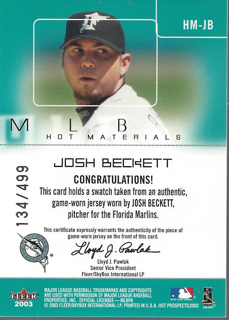 2003 Hot Prospects MLB Hot Materials #JB Josh Beckett Jsy back image
