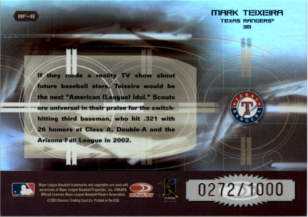 2003 Donruss Elite Back to the Future #8 Mark Teixeira back image
