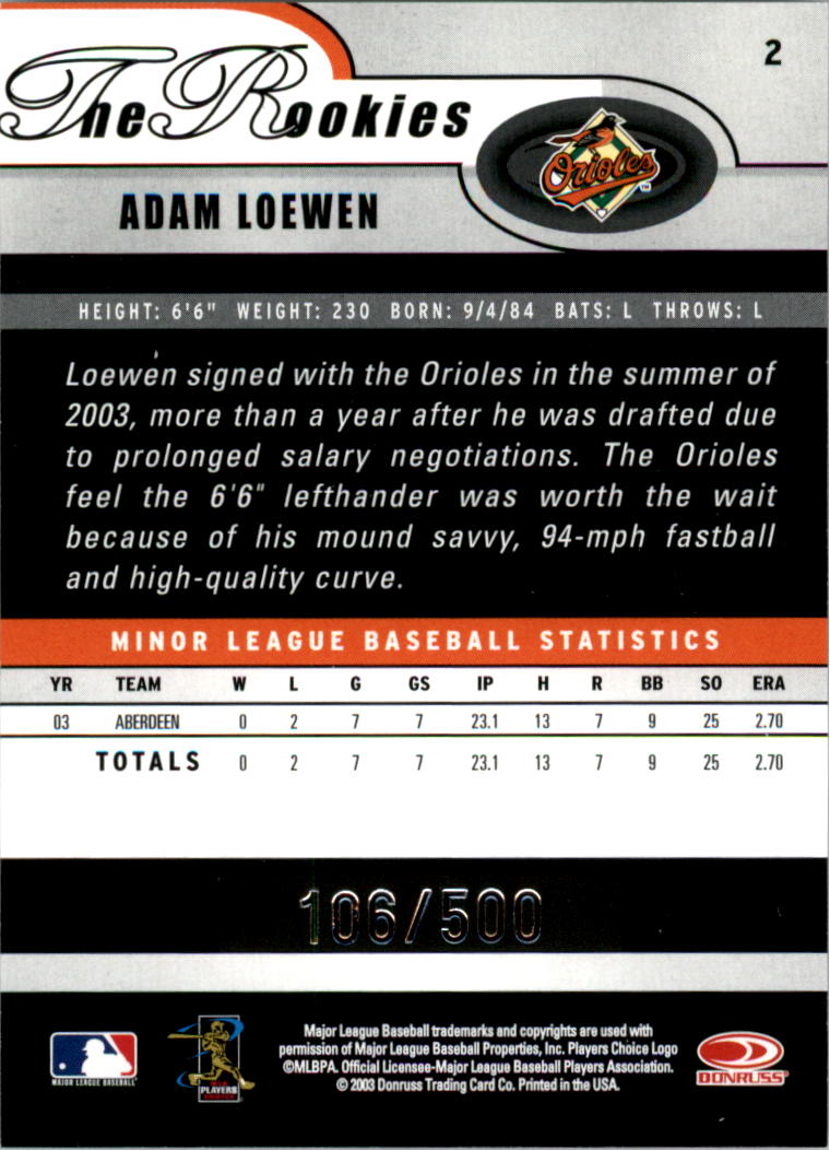 2003 Donruss Rookies Autographs #2 Adam Loewen/500 back image