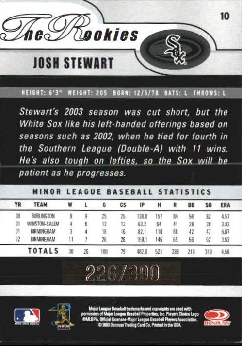 2003 Donruss Rookies Autographs #10 Josh Stewart/300 back image