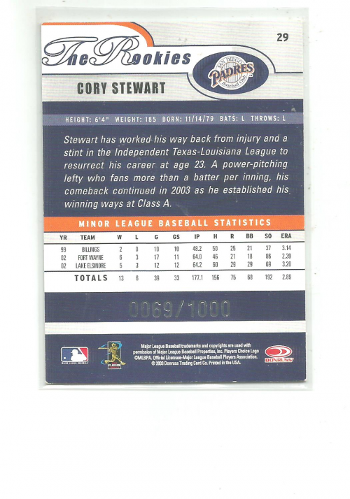 2003 Donruss Rookies Autographs #29 Cory Stewart/1000 back image