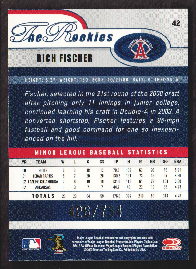 2003 Donruss Rookies Autographs #42 Rich Fischer/734 back image