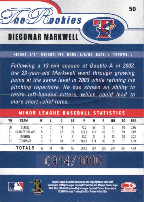 2003 Donruss Rookies Autographs #50 Diegomar Markwell/1000 back image