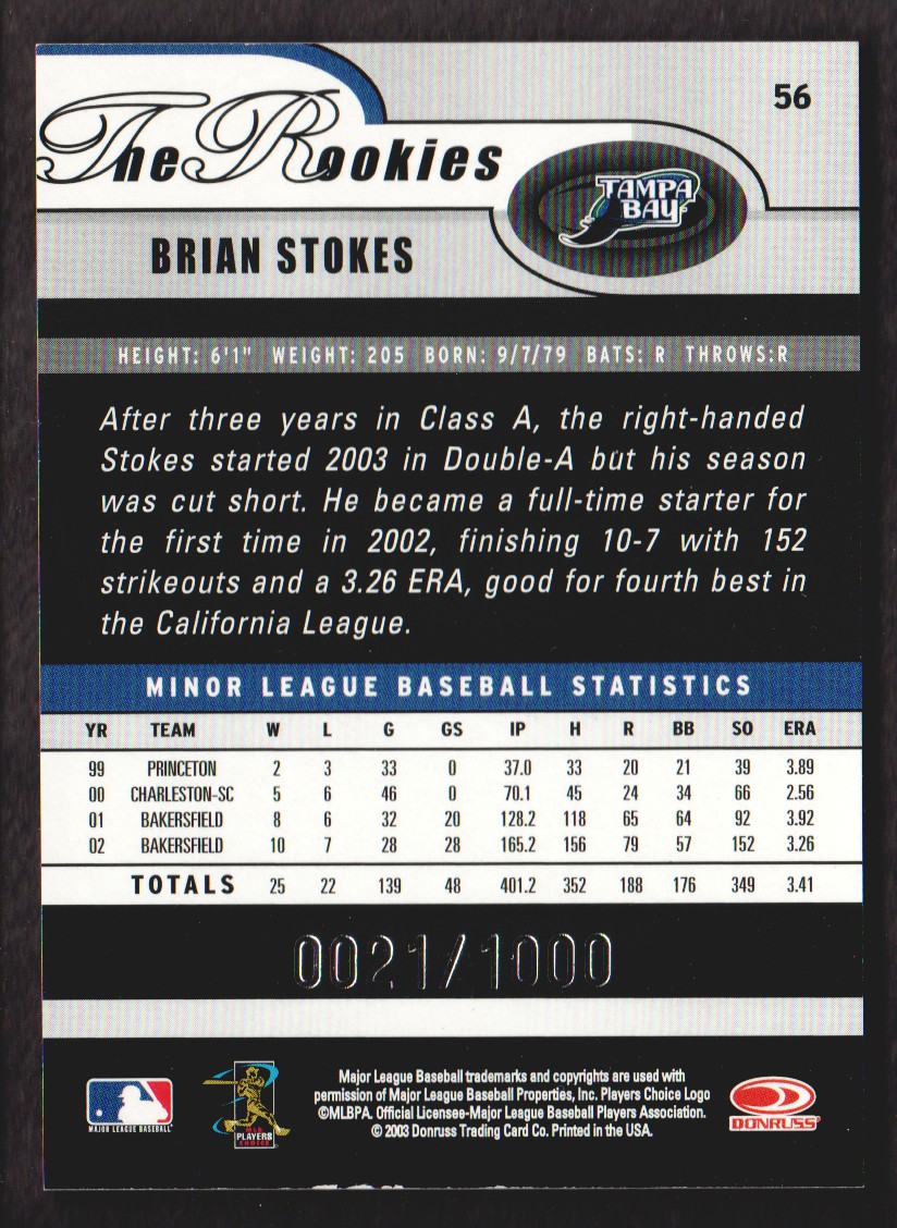 2003 Donruss Rookies Autographs #56 Brian Stokes/1000 back image