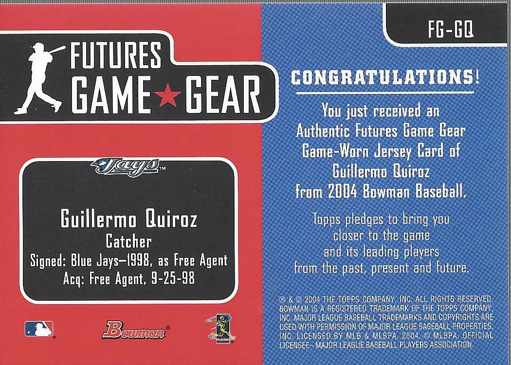 2004 Bowman Futures Game Gear Jersey Relics #GQ Guillermo Quiroz A back image