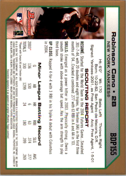 2004 Bowman Draft Gold #155 Robinson Cano back image