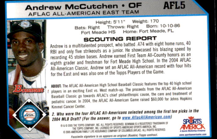 2004 Bowman Draft AFLAC #5 Andrew McCutchen back image