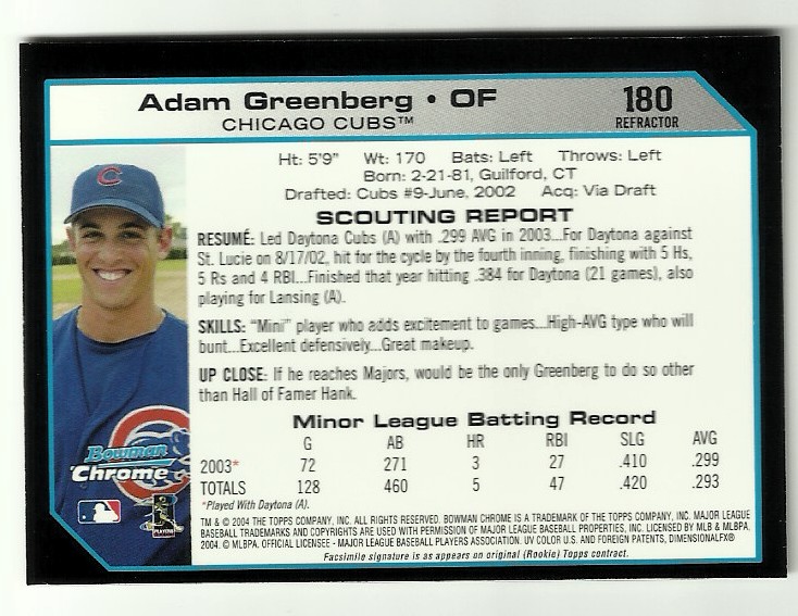 2004 Bowman Chrome Refractors #180 Adam Greenberg back image