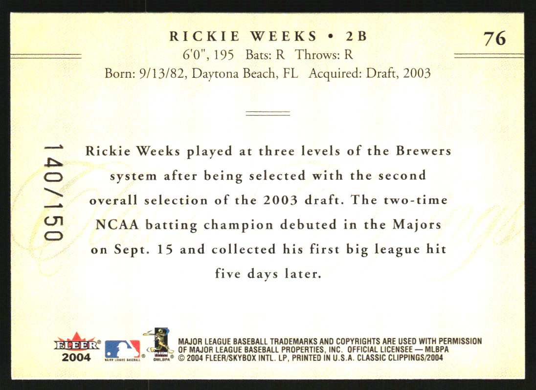 2004 Classic Clippings First Edition #76 Rickie Weeks ROO back image