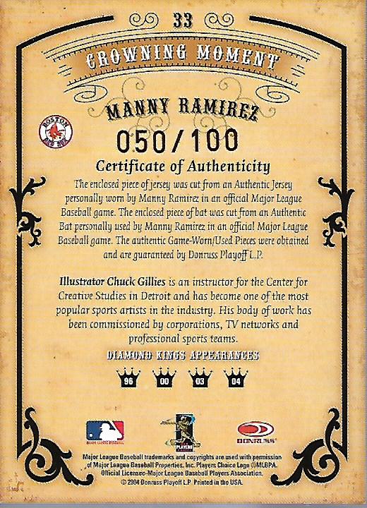 2004 Diamond Kings DK Materials Framed Bronze #33 Manny Ramirez Bat-Jsy/100 back image