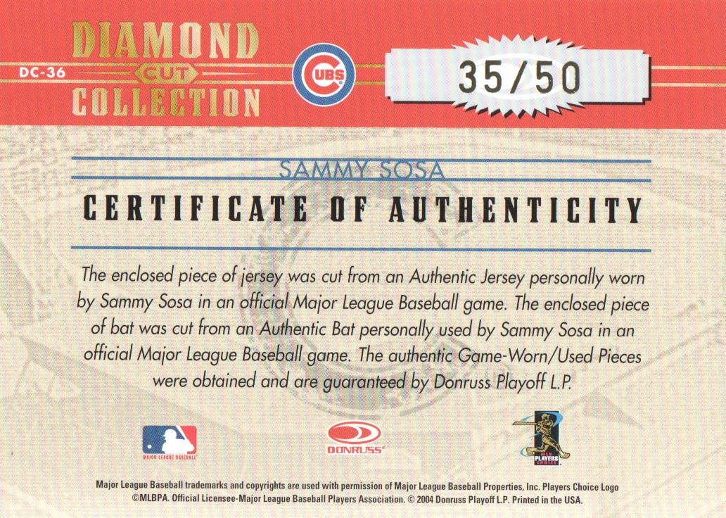 2004 Diamond Kings Diamond Cut Combos Material #DC36 Sammy Sosa Bat-Jsy/50 back image