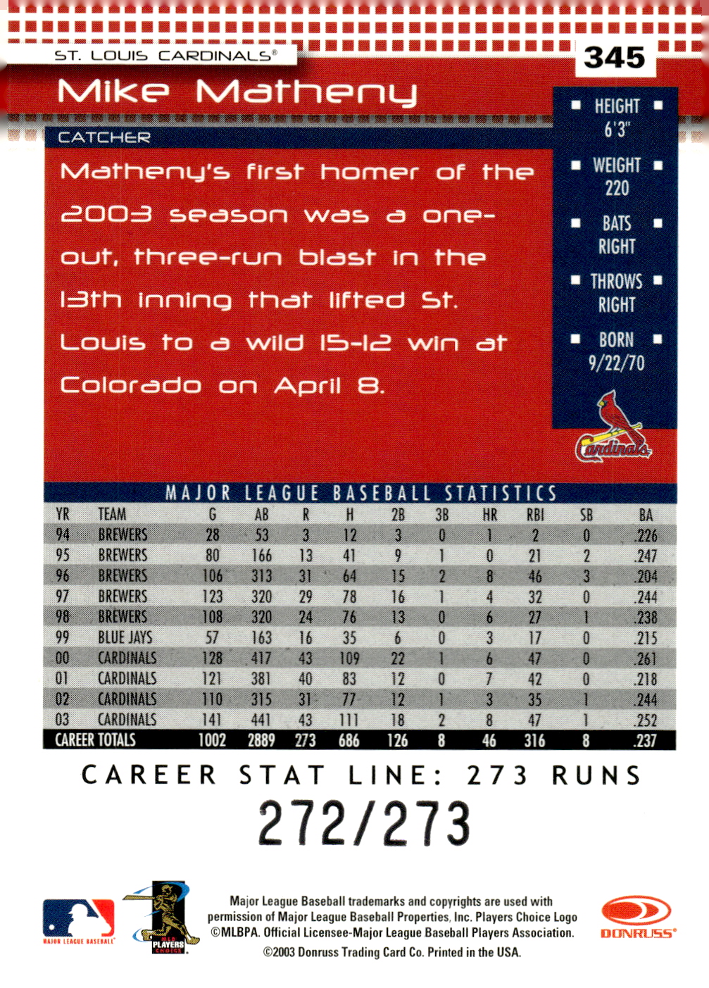 2004 Donruss Stat Line Career #345 Mike Matheny/273 back image