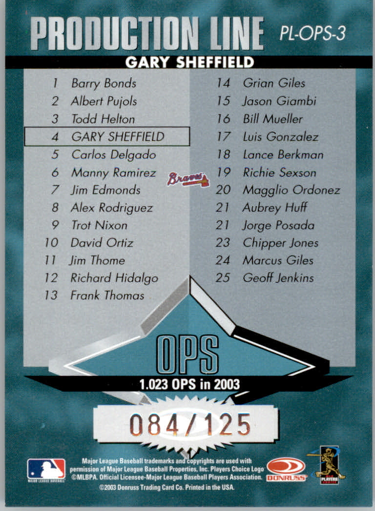 2004 Donruss Production Line OPS Black #3 Gary Sheffield back image