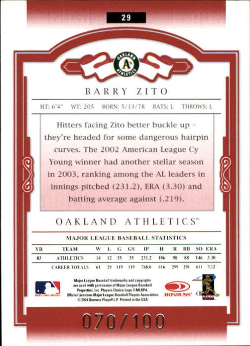 2004 Donruss Classics Timeless Tributes Red #29 Barry Zito back image