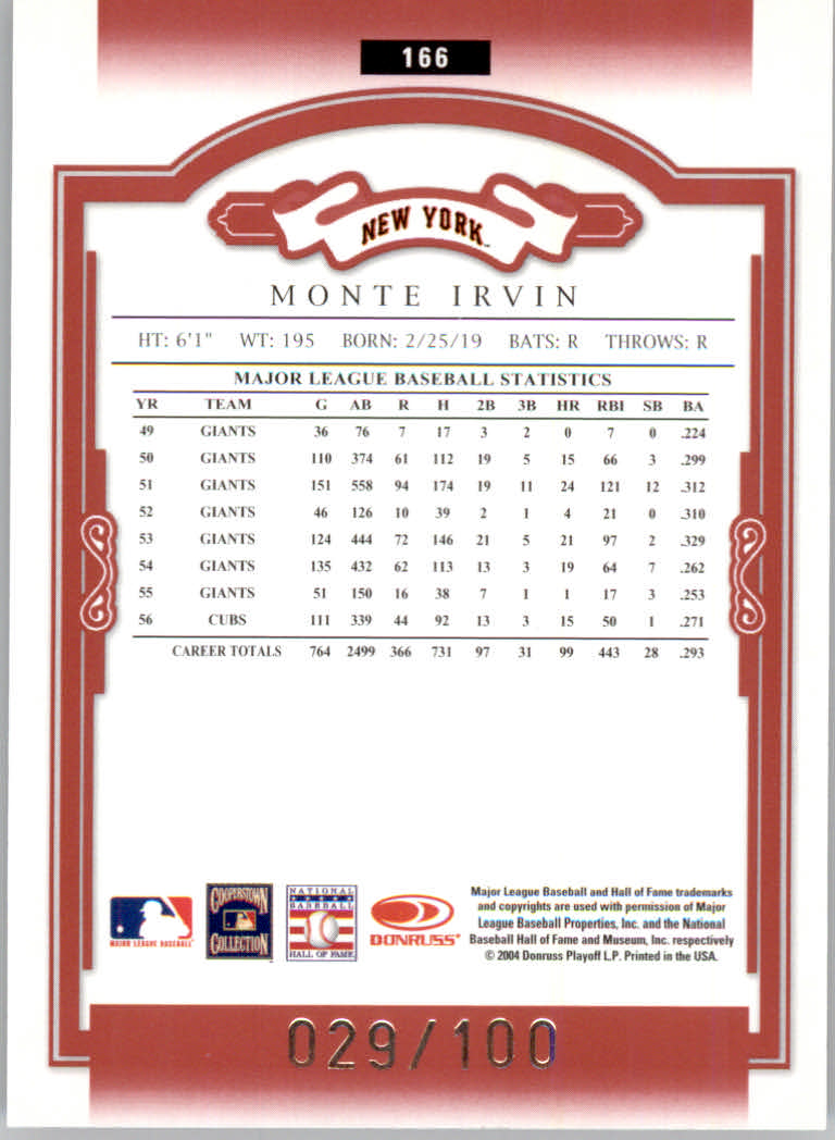 2004 Donruss Classics Timeless Tributes Red #166 Monte Irvin LGD back image