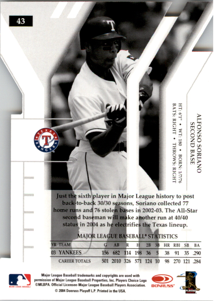 2004 Donruss Elite Extra Edition Turn of the Century #43 Alfonso Soriano back image