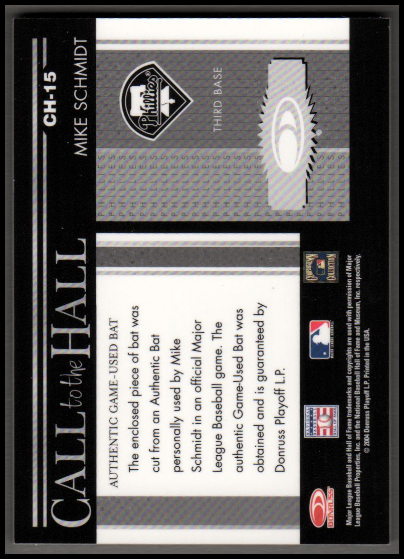 2004 Donruss Timelines Call to the Hall Material #15 Mike Schmidt Bat back image