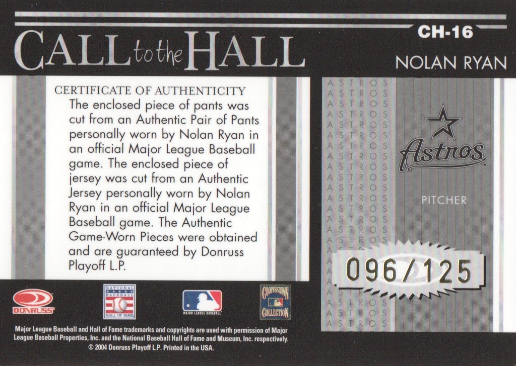 2004 Donruss Timelines Call to the Hall Material Combo #16 Nolan Ryan Jsy-Pants back image