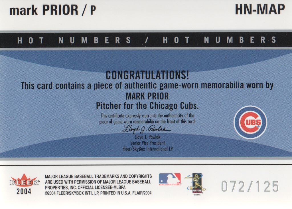2004 Flair Hot Numbers Game Used Pewter #MAP Mark Prior back image