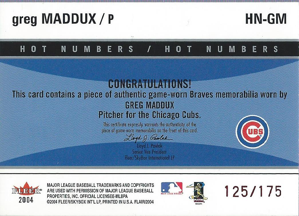 2004 Flair Hot Numbers Game Used Red #GM Greg Maddux back image