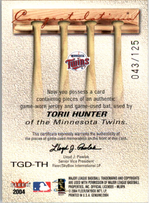 2004 Fleer Genuine Insider Tools of the Game Used Bat-Jsy #TH Torii Hunter back image