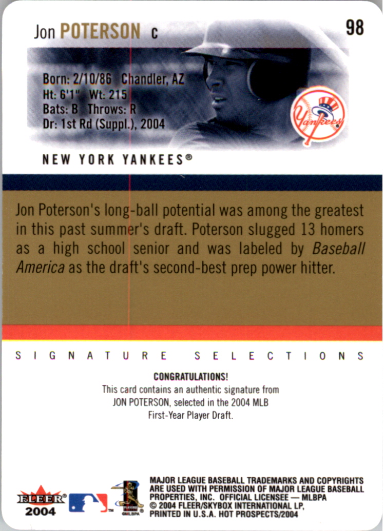 2004 Hot Prospects Draft #98 Jon Poterson AU RC back image