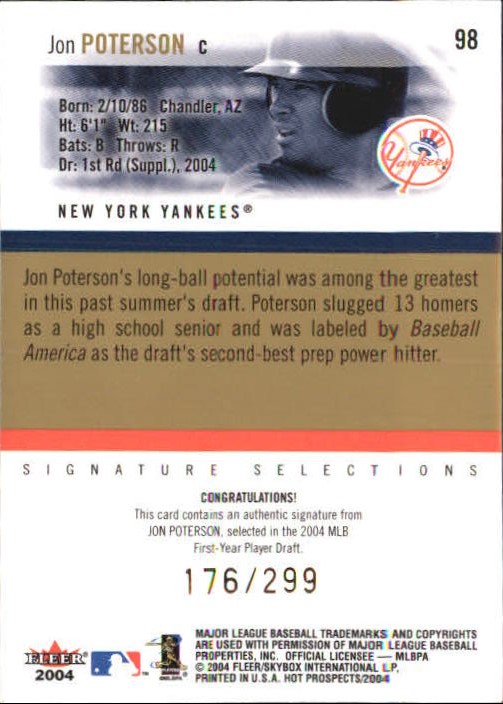 2004 Hot Prospects Draft #98 Jon Poterson AU RC back image