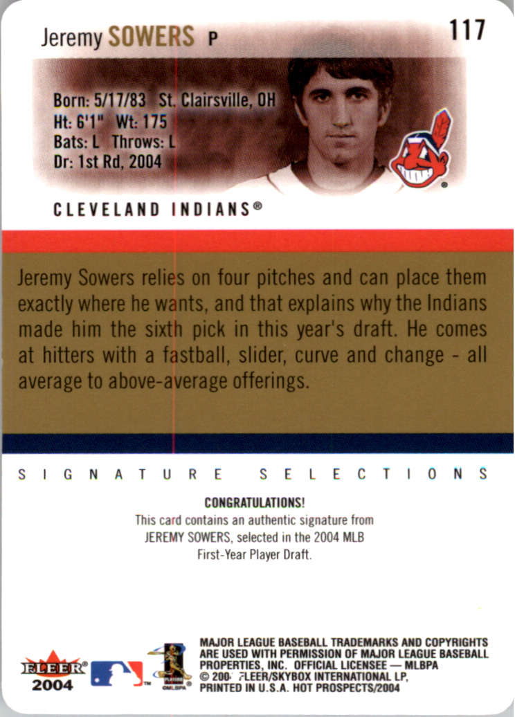 2004 Hot Prospects Draft #117 Jeremy Sowers AU RC back image