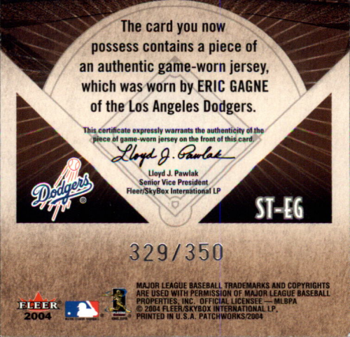 2004 Fleer Patchworks Stitches in Time Jersey #EG Eric Gagne back image